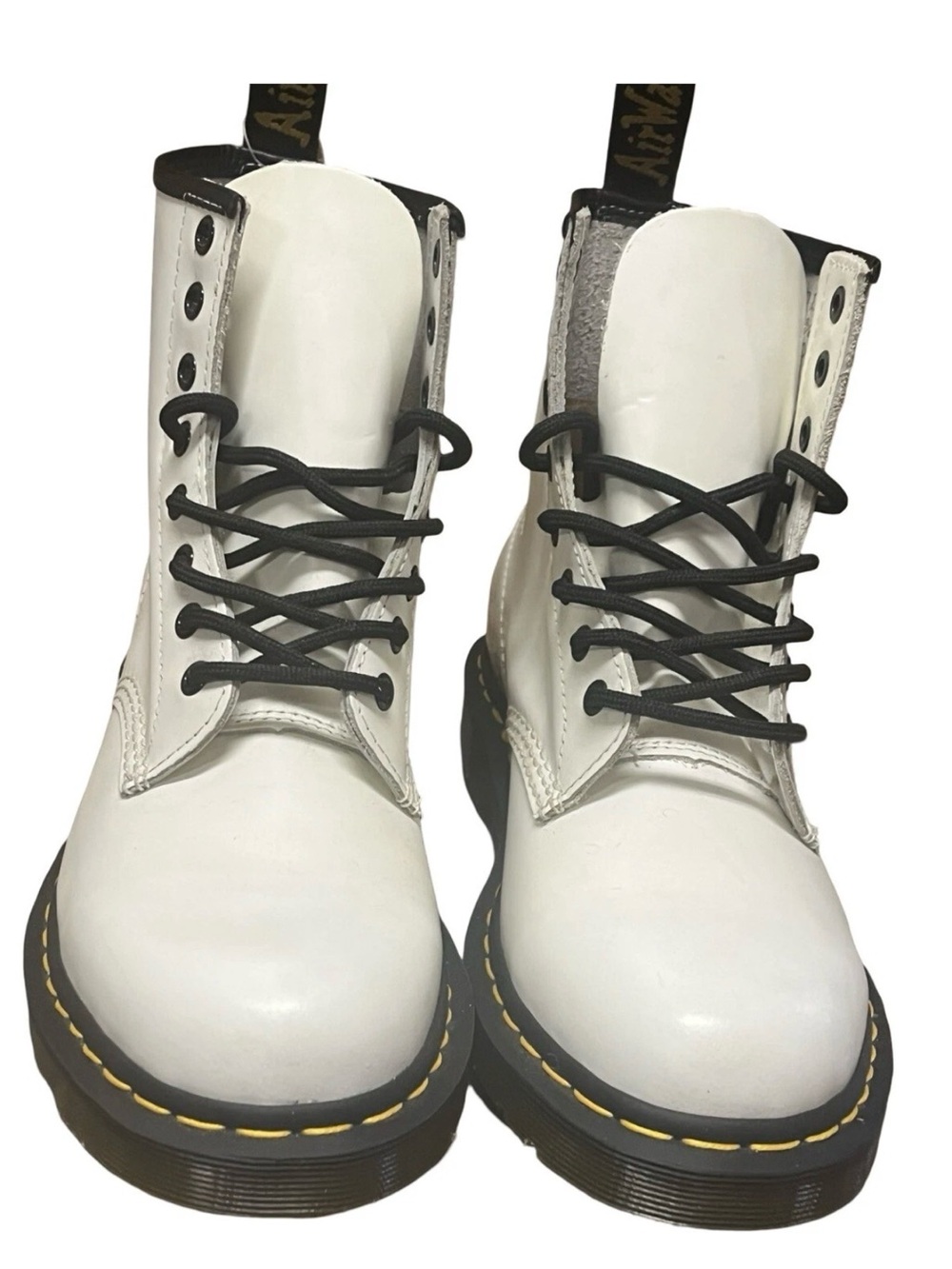 Dr. Martens White Lace-Up Combat Boots with Black Laces and Yellow Stitching